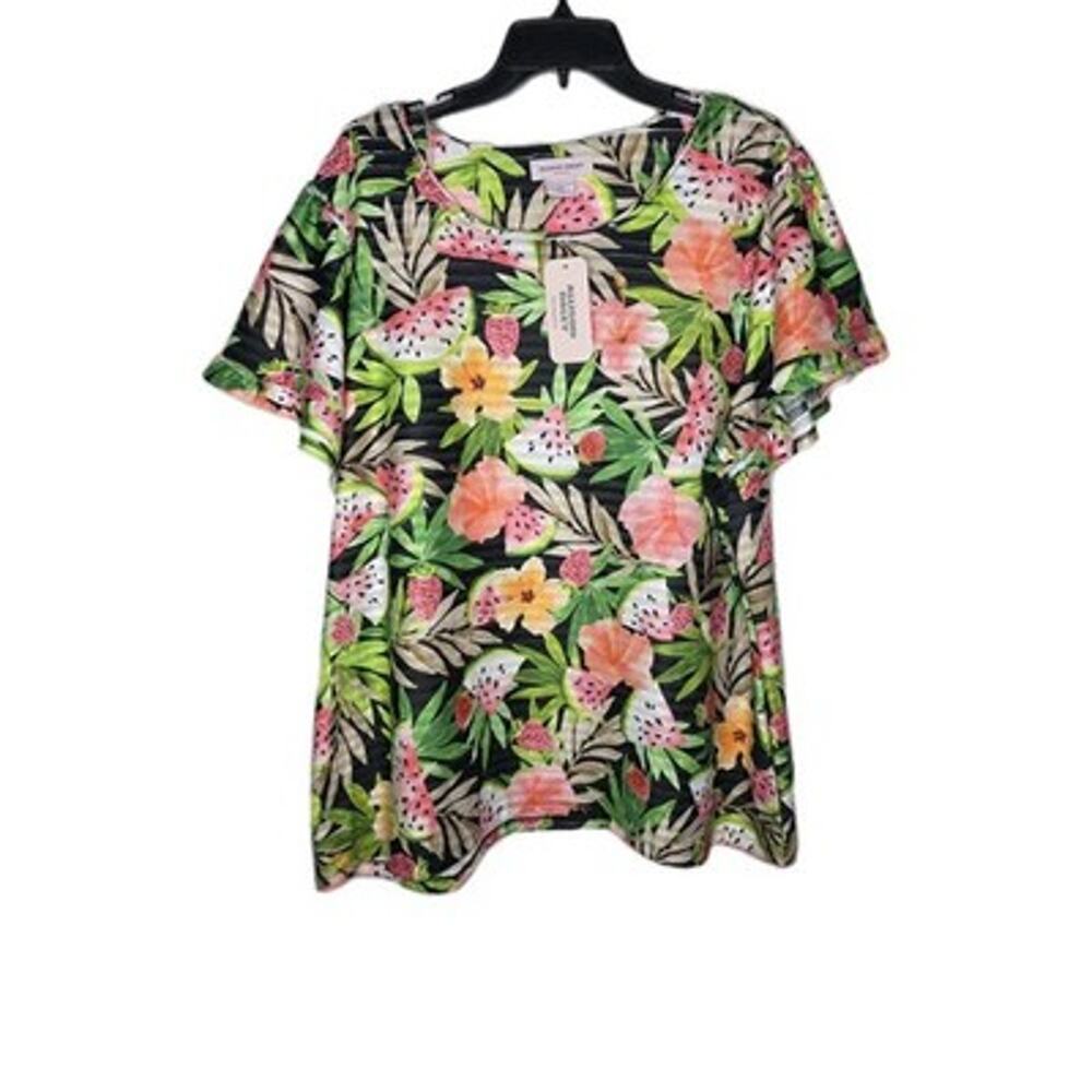 Allison Daley Plus 2X Tropical Fruit Watermelon Strawberry Short Sleeve Top